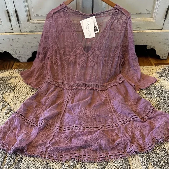 New Lilac Purple Lace Crochet Boho Folk Tunic Blouse Top Cover-Up Womens Beach - Picture 3 of 5